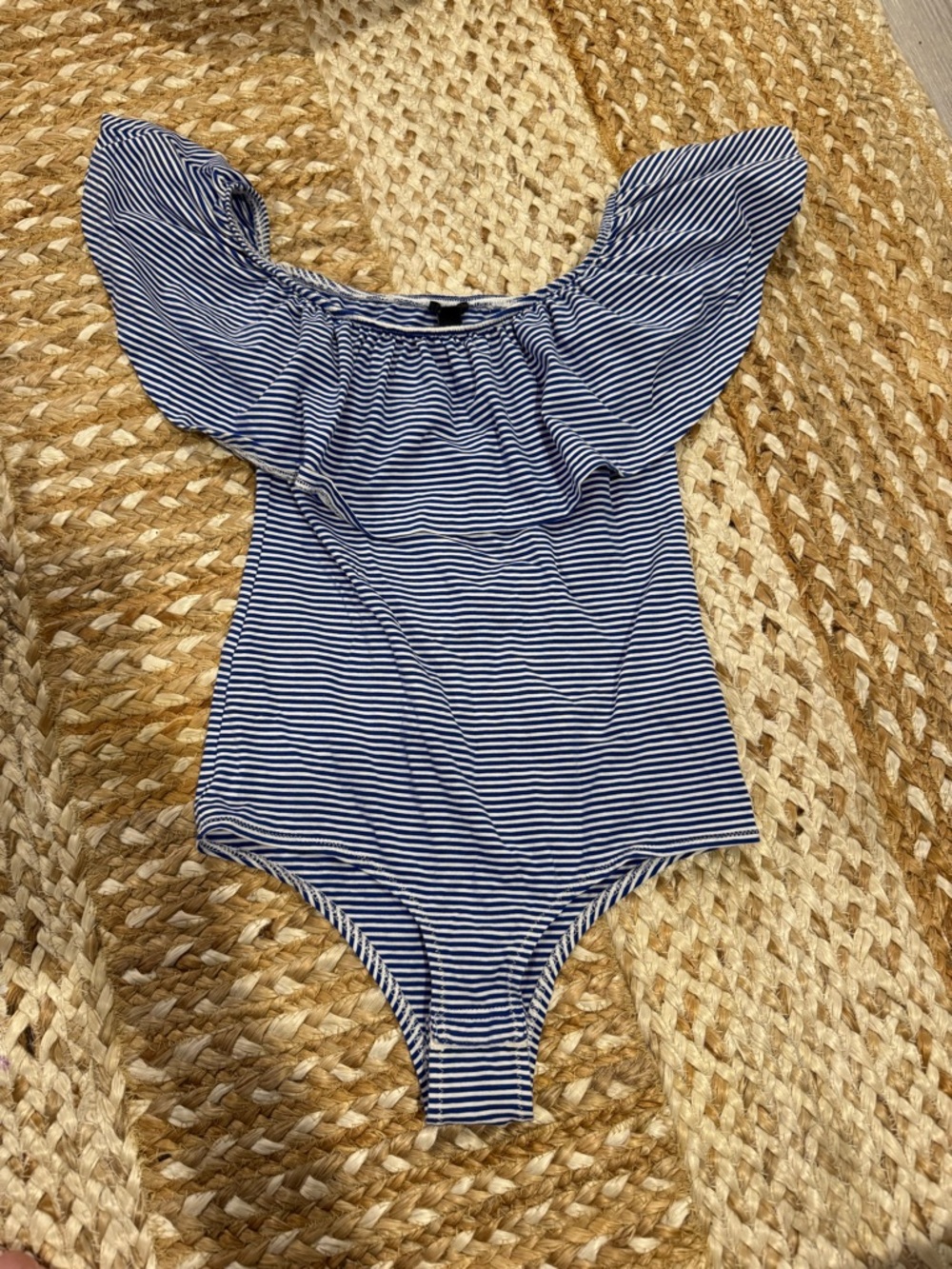 J. Crew Navy and White Striped Off-Shoulder Bodysuit